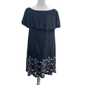 Black Sundress Sz M Linen Embroidered Convert Ruffle Sleeveless Cold Shoulder